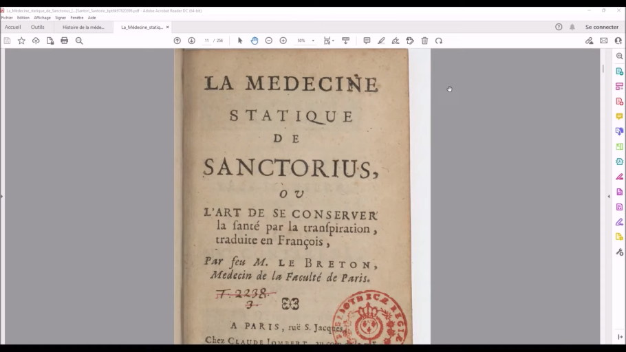 La Médecine statique de Sanctorius, ou l'Art de se conserver la santé par la transpiration
