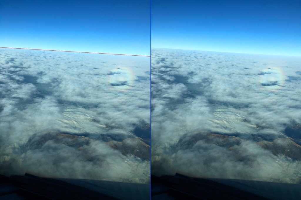 Photo du ciel vue d'un avion avec absence de courbure terrestre, terre plate.